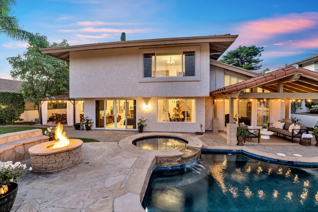 Private pool, spa and fire pit at twilight